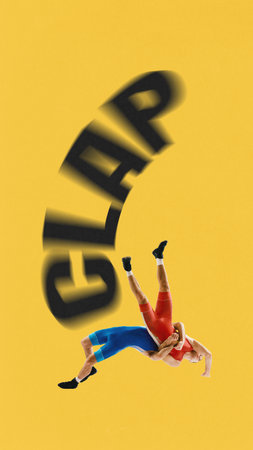 Poster. Contemporary art design. Wrestler throws opponent with black CLAP text curving above against yellow background. Concept of sport, championship, motivation, match, tournament, energy, power.の写真素材