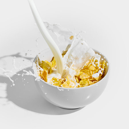 Milk pours and splashing into white bowl full of cornflakes, frozen in dynamic motion with drops flying outward. Concept of nutrition, catering, traditional, fast food, takeawayの写真素材