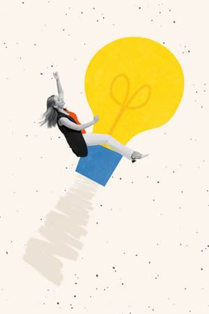 Idea Takeoff. Conceptual collage. Joyful woman rides light bulb rocket bursting upward through dynamic space, symbolizing innovation and new ideas. Concept of creativity, success, ambition.の写真素材