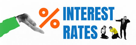 Banner. Contemporary art collage. Giant hand holds percent symbol while people panic, under pressure, reflecting chaos from rising interest rates. Concept of finance collapse, shock, market panic.の写真素材