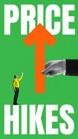 Contemporary art collage. Man looks up at giant arrow rising upward while hand pushes it higher,...