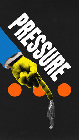 Contemporary art collage. Yellow hand points at woman standing still under black void, symbolizing pressure from authority, control and judgment in society. Concept of economic, capitalist stress.の写真素材