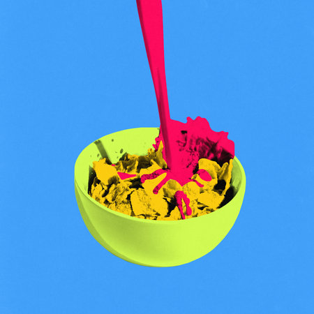 Surreal art design. Bright green bowl overflows with yellow flakes and shocking pink milk, clashing flavors and colors for breakfast energy. Concept of morning chaos, contrast, vibrant diet.の写真素材