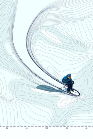 Contemporary art collage. Skier in dark outfit moves swiftly across icy mapped slope with deep curves and bending contour lines. Concept of extreme sport, winter, competition, motion. Adの写真素材