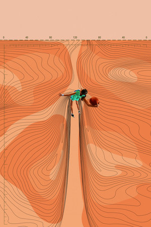 Poster. Contemporary art collage. Girl in teal dress jumps with basketball across curved orange surface with motion lines visualizing strength, direction. Concept of professional sport, energy.の写真素材