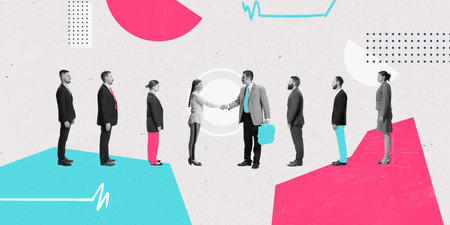 Contemporary art collage. Powerful handshake in foreground with team standing united behind, representing trust, leadership, and collaboration. Concept of business agreement, union, partnership,の写真素材