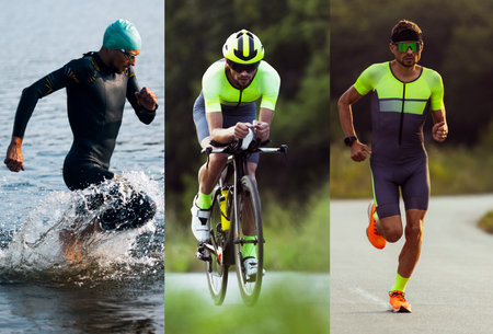 Composite collage. Male athletes performing three triathlon stages, swimming in lake, cycling road bike and sprinting on track. Concept of triathlon, outdoor fitness, progress, motivation, movement.の写真素材