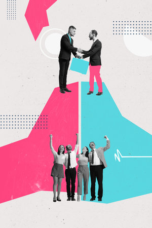 Conceptual art collage. Business deal. Powerful handshake on top of mountain peak, symbolizing goal achievement and team success. Concept of partnership, trust, development.の写真素材