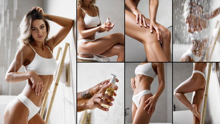 Beauty collage of gentle daily rituals. Woman applying cream and showering in white underwear with tan smooth skin against light spa-style bathroom. Concept of beauty, hydration, spa, skincareの写真素材