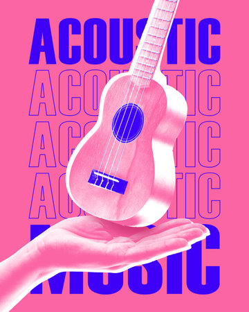 Poster. Creative artwork. Pink ukulele on open hand against pink background with blue ACOUSTIC lettering. Memphis art style. Softness, care and acoustic sound. Concept of music, festival, concert.の写真素材
