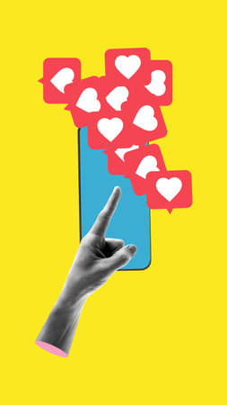 Poster. Composite collage. Finger touches phone overflowing with red heart icons, reflecting...