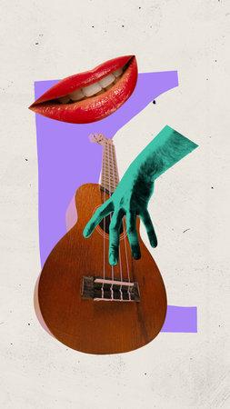 Contemporary art collage. Red lips float above ukulele while green hand stretches toward strings on bold background with playful retro tones. Abstract style. Concept of flirt and acoustic vibeの写真素材