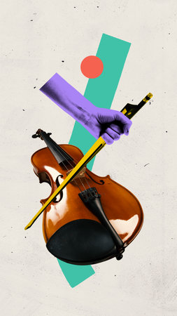 Contemporary art collage. Purple hand plays polished violin with yellow bow against vibrant shapes, evoking elegance and stage presence. Minimalist art style. Concept of focus and sound creationの写真素材