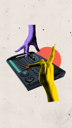 Contemporary art collage. Yellow and purple hands twist knobs and slide controls on music pad against textured background with orange shape. Pop art style. Concept of studio mixing and energy controlの写真素材