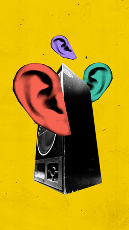 Abstract art collage. Large colorful ears surround black speaker on yellow background, emphasizing...