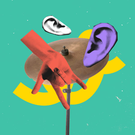 Poster. Contemporary art collage. Red hand forms rock gesture in front of cymbal while colorful ears...