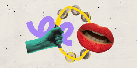 Poster. Contemporary art collage. Green hand holds tambourine next to red lips against textured...
