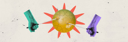 Banner. Creative artwork. Hands with mallets hit steel tongue drum shaped like sun with red rays...
