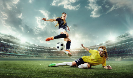 Hand made collage. Woman in yellow slides in bold tackle as opponent leaps over with ball, frozen in dramatic action blur. 3D rendering stadium. Concept of professional sport, football, championshipの写真素材
