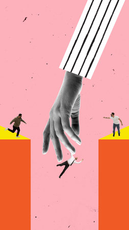 Contemporary art collage. Falling man is caught mid-air by large helping hand while others watch with emotion from above. Fall and Catch. Concept of safety net, rescue, trust, human supportの写真素材