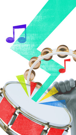 Contemporary art collage. Tambourine strikes with dynamic energy as music notes burst out like dancing crowd. Warm-Up Beat. Concept of creatives, rhythm, music party, backstage artの写真素材