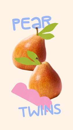 Creative artwork. Two fresh orange pears with green leaves above soft pink curve feel calm and balanced, celebrating natural sweetness. Concept of fruit harmony, natural and organic product, farmingの写真素材