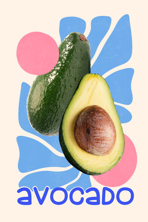 Conceptual art collage. Cut avocado placed on radiant blue shape with pink dots, expressing...