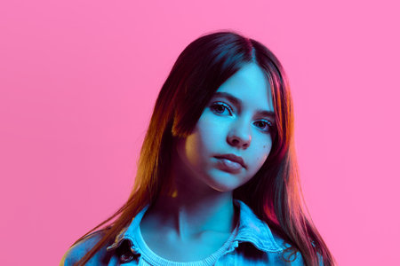 Portrait of teen girl looking straight with calm expression under neon light, wearing denim jacket and white ribbed top, against pink gradient background. Concept of calm beauty, emotion, youthの写真素材