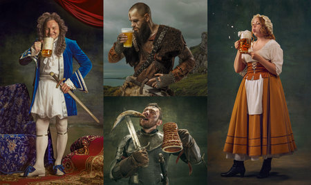 Composite collage. Comic and stylized portraits of historical characters in different fantasy settings. Concept of drinking culture, past and parody, celebration event.の写真素材