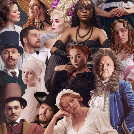 Handmade collage. Large group of historical characters in stylized retro outfits posing together. Wallpaper. Concept of unity, royalty, power, community, and theatrical lifestyle.の写真素材