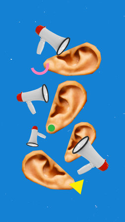 Contemporary art collage. Many ears in different positions with multiple megaphones aiming toward them, symbolizing informational pressure. Concept of customer feedback and media information pressureの写真素材