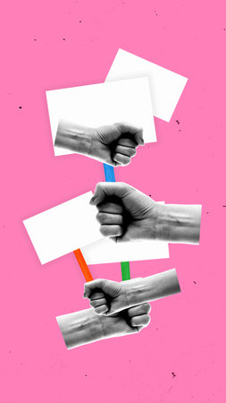 Abstract artwork. Multiple fists tightly grip blank protest signs on bright pink background, evoking imagery of resistance, feminism, and unspoken demands. Concept of activism and protest identityの写真素材