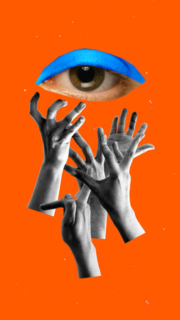 Conceptual design. Large eye with blue eyelid looks down at reaching grayscale hands, placed against bright orange background. Metaphor for desire for visibility. Concept of digital attentionの写真素材