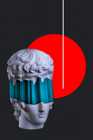 Futuristic surreal collage. Marble head with turquoise visor covering the eyes against red circle backdrop. Concept of digital blindness, disconnection, virtual reality, emotional isolation.の写真素材
