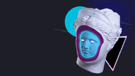 Creative artwork. Marble bust with neon blue face and layered concentric glow lines on dark...