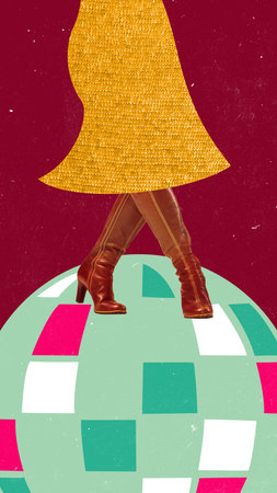 Poster. Abstract art design. Close-up of golden sequin dress and brown boots standing in dance pose on retro disco ball against bold red backdrop. Concept of nostalgia and bold fashion details.の写真素材