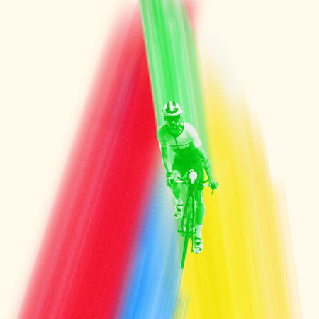 Minimalist pop art collage. Cyclist riding forward through vertical color streak, symbolizing motion...