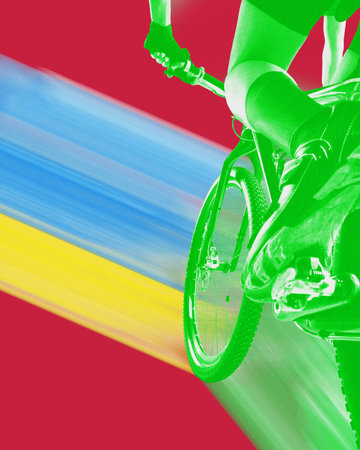 Creative colorful poster. Close-up of green cyclist in motion shows determination, power and grip, during instance marathon ride. Gradient and motion blur technique. Concept of sport, extreme, speedの写真素材