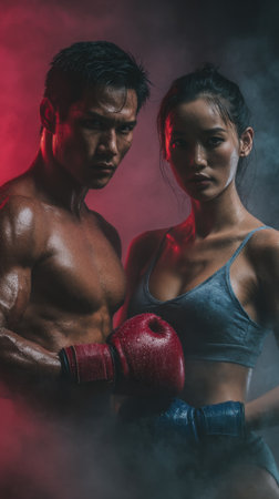 Sweaty male and female Asian boxers, after intense training standing together with intense expressions and red-blue lighting. Concept of teamwork, strength, focus, mixed training, and combat sports.の素材