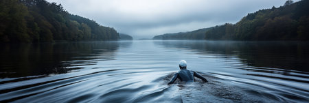 Solo swimmer in open misty lake moving forward surrounded by forest and low fog on calm water. Concept of solitude, endurance, nature.の素材