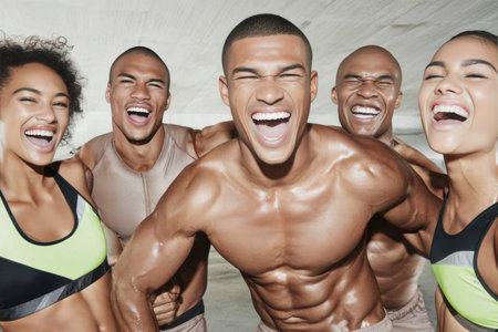 Group of muscular men and women posing close together laughing during fitness photoshoot session. Concept of sport, competition, training, community, joy, and body strength.の素材