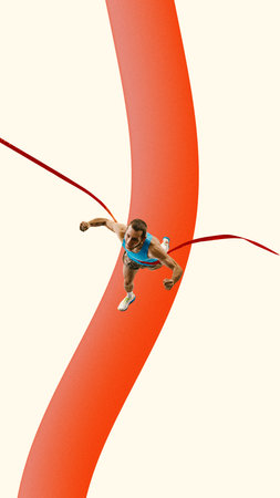 Contemporary art collage. Male runner crossing red ribbon finish line, with joy and proud, on curved...