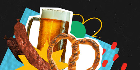 Conceptual art collage. Beer mug, crispy pretzel and sausage on abstract colorful background with shapes and stars. Magazine style. Concept of celebration event, traditional fest, party, drinkの写真素材