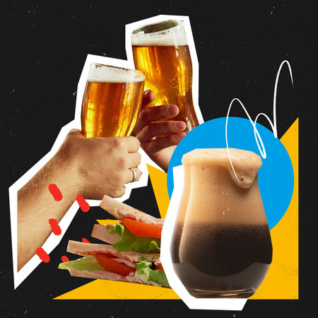 Conceptual art design. Two hands cheering with beer glasses and sandwich near dark drink on graphic background. Concept of friendly cheers, food sharing, fun event and beverage, traditional festの写真素材