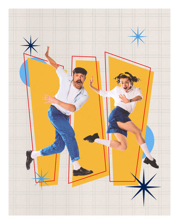 Contemporary art collage. Dynamic duo jumps forward in synchronized move over graphic pop backdrop...