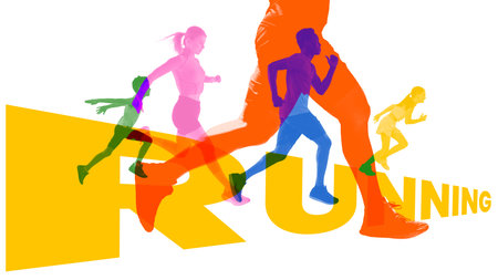 Contemporary art collage. Layered silhouettes of runners in rainbow tones dash across giant yellow typography, with bold perspective emphasizing scale and energy. Concept of sport, ambition, momentumの写真素材
