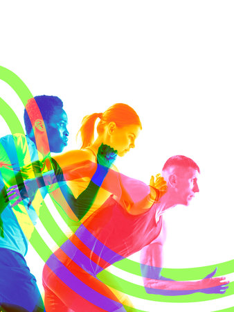 Poster. Contemporary art collage. Close-up side view of three layered runners launching forward with...
