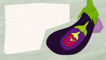 Flat folk art collage. Eggplant cut lengthwise showing pink seed core and green top in bold geometric layers. Concept of summer harvest, healthy food, local farming, and organic crops.の写真素材