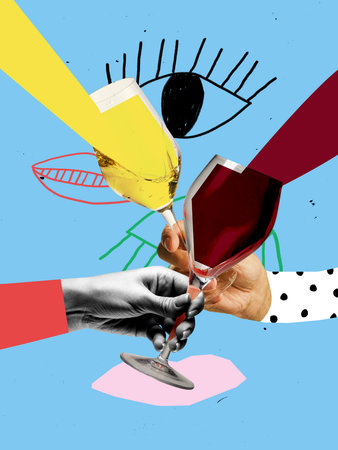 Poster. Conceptual art design. Close-up of two wine glasses toasting with beams of light and graphic eye doodle behind. Concept of nightlife toast, celebration, wine lovers, festive and relaxed mood.の写真素材