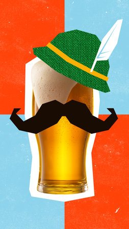 Bold colorful poster of glass of golden beer decorated with green Bavarian hat and black mustache on red and blue retro pixel background. Concept of folk, Oktoberfest, beer celebration, retro pixel artの写真素材